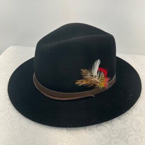 Carri Black Wool Fedora Hat With‎ Feather Accent & Brown Band  Medium Size